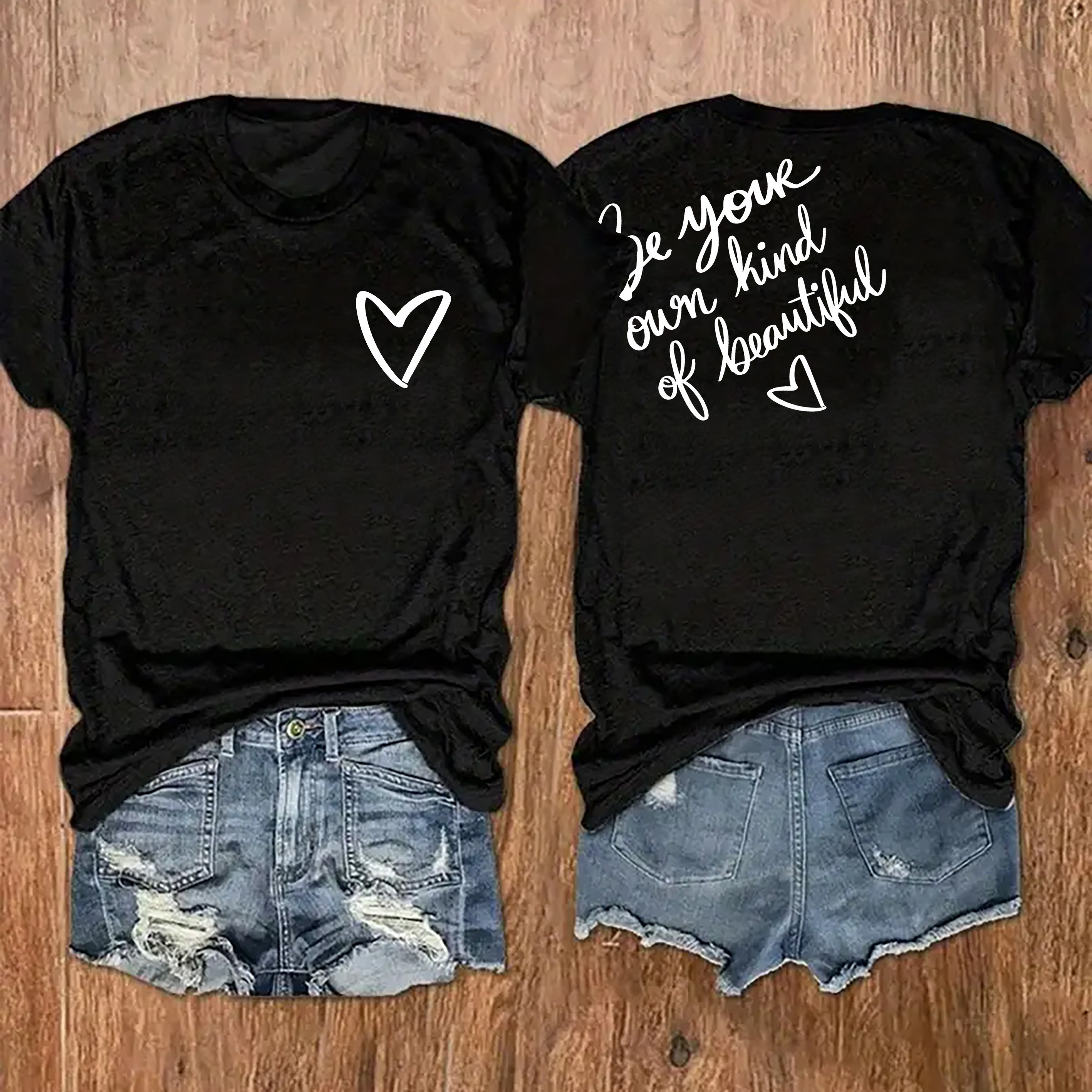 

Heart & Letter Print T-shirt, Casual Crew Neck Short Sleeve Top For Spring & Summer, Women's Clothing
