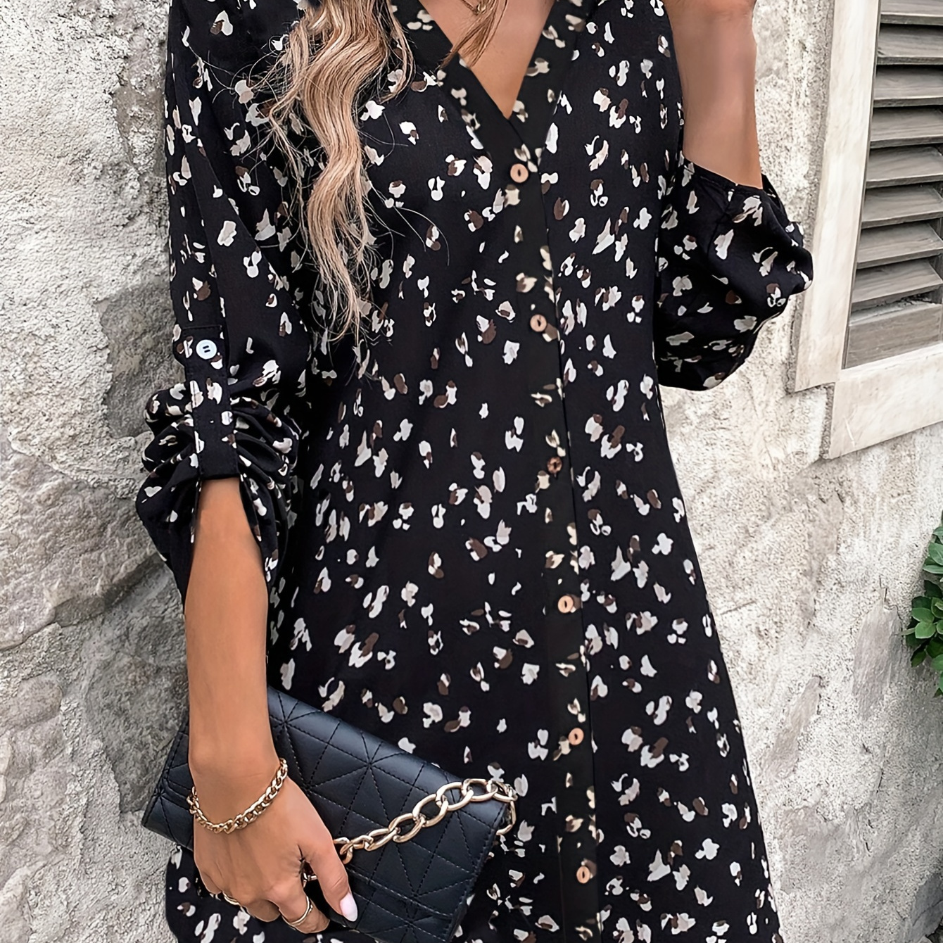 

Robe chemise à imprimé intégral et simple boutonnage, robe vintage à col en V et manches longues pour le printemps et l'automne, vêtements pour femmes.