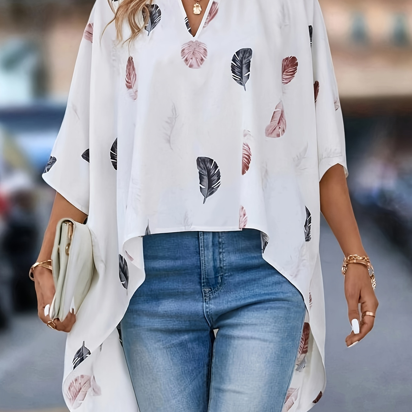 

Feather Print High Low Hem Blouse, Elegant Notched Neck Half Sleeve Blouse For Spring & Fall, Women's Clothing