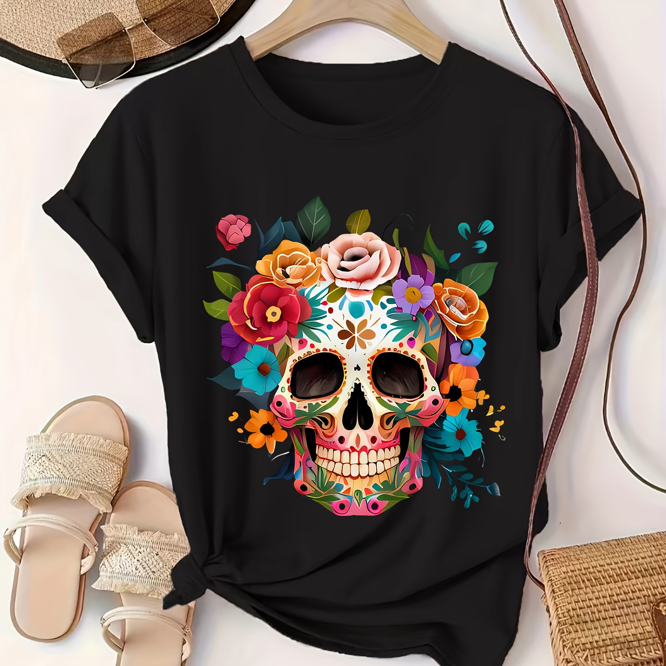 

Day Of The Dead Floral Skull Print T-shirt - Polyester Blend Crew Neck Casual Style Geometric Pattern Regular Fit Knit Fabric Top For All Seasons