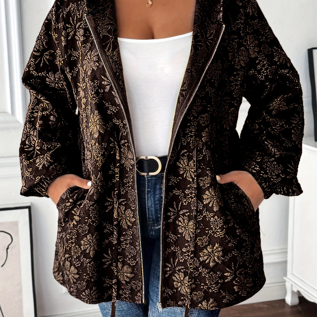 

Women's Plus Size Casual Floral Jacquard Zip-up Hoodie Jacket With Drawstring And Pockets, Long Sleeve, Polyester - Stylish Black Outerwear, Jacket Hoodie