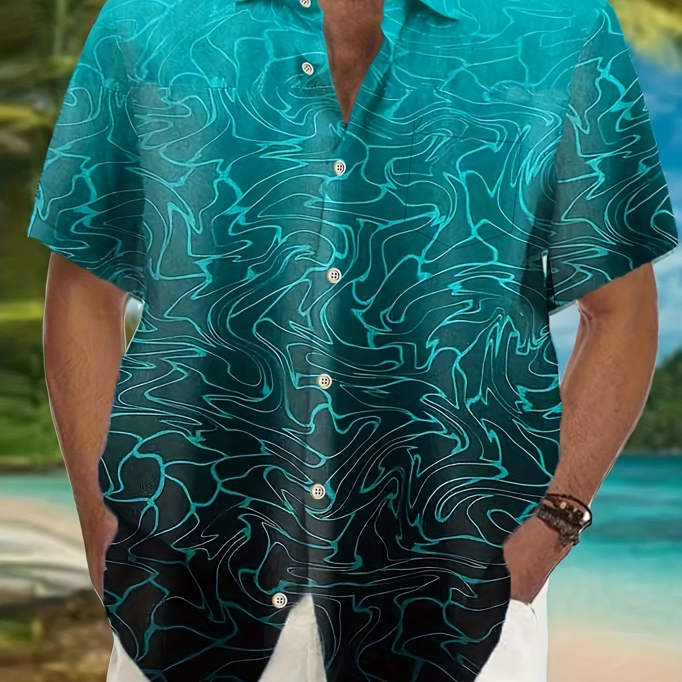 

Plus Size Men's Hawaiian Shirts For Beach, Gradient Printed Short Sleeve Aloha Shirts, Oversized Casual Loose Tops For Summer