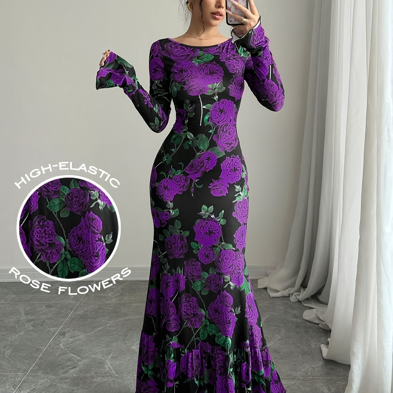 

[targeted]floral Print Round Neck Trumpet Sleeve Elegant And Fashionable Women's Dress