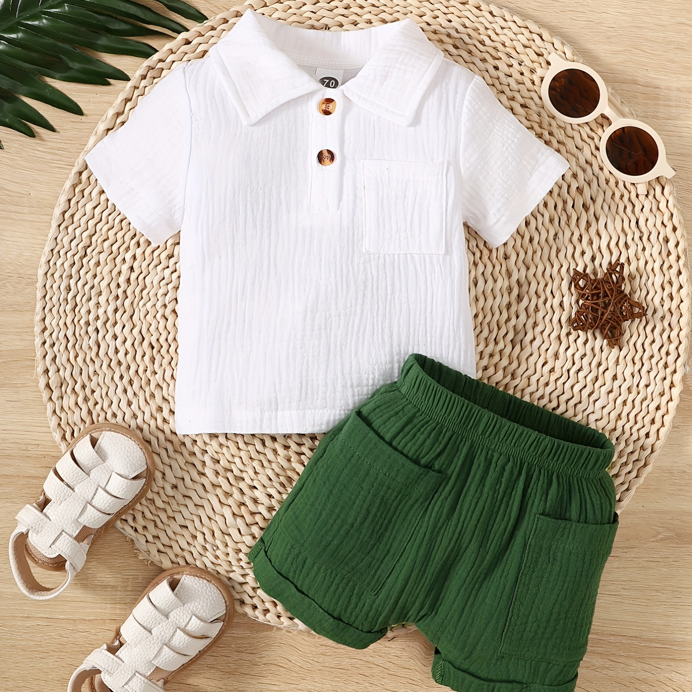 

2pcs/set, Double Crinkled Cotton Muslin Casual Set, Short-sleeved Button Up Lapel Shirt & Shorts Set For Baby Boys