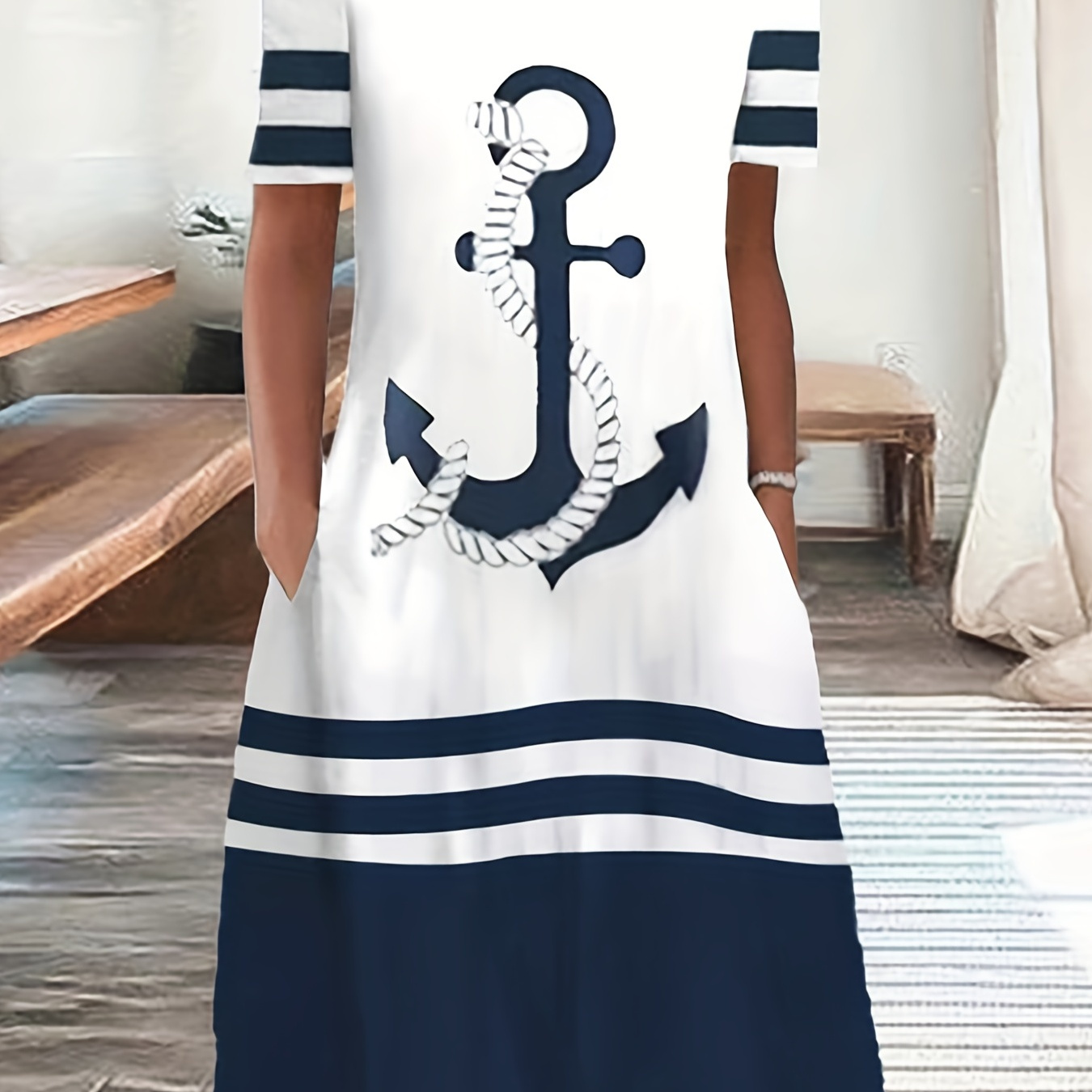 

Plus Size Casual Dress, Women's Plus Anchor & Stripe Print Short Sleeve Round Neck Slight Stretch Dress With Pockets