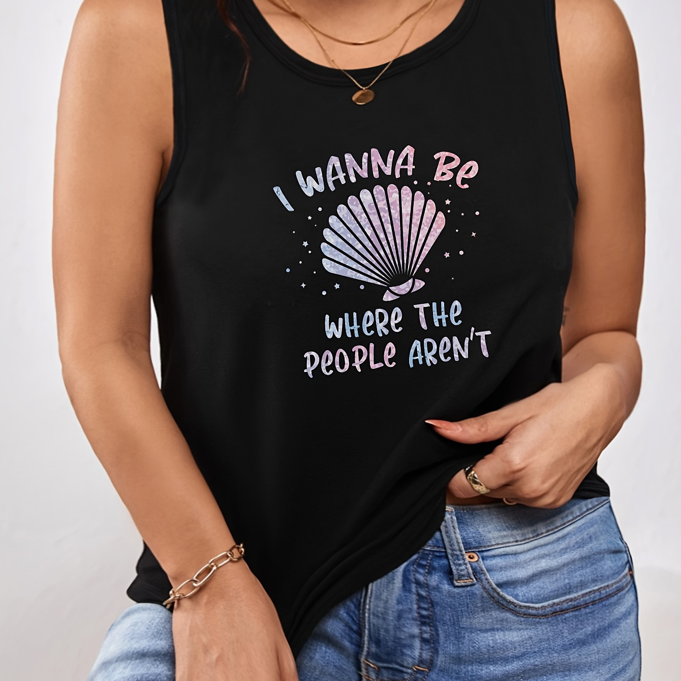 

Plus Size Letter Print Tank Top, Sleeveless Casual Top For Summer & Spring, Women's Plus Size Clothing