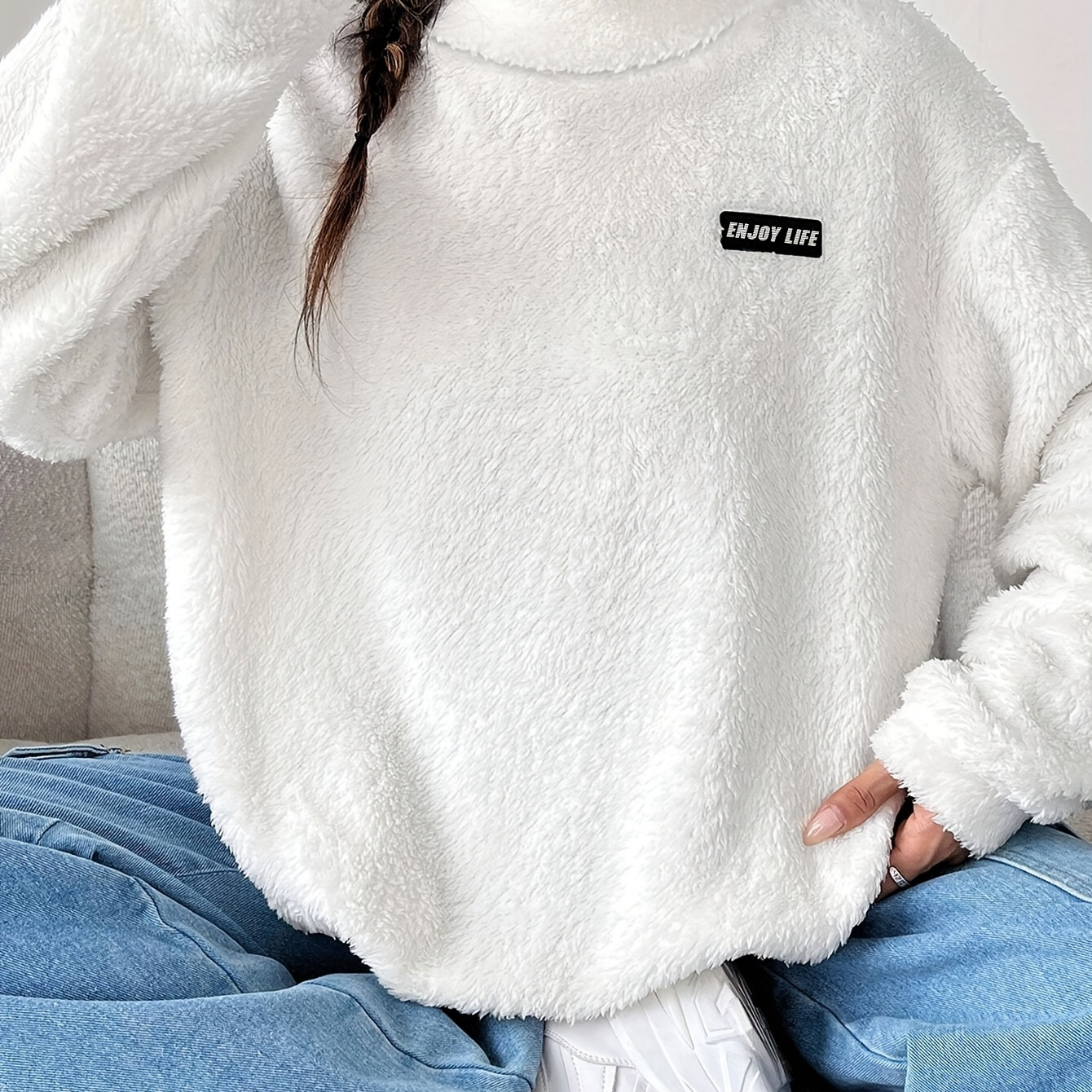 

Sweat-shirt à col en peluche avec lettres, élégant sweat-shirt à manches longues à épaules tombantes pour et l'hiver, vêtements pour femmes