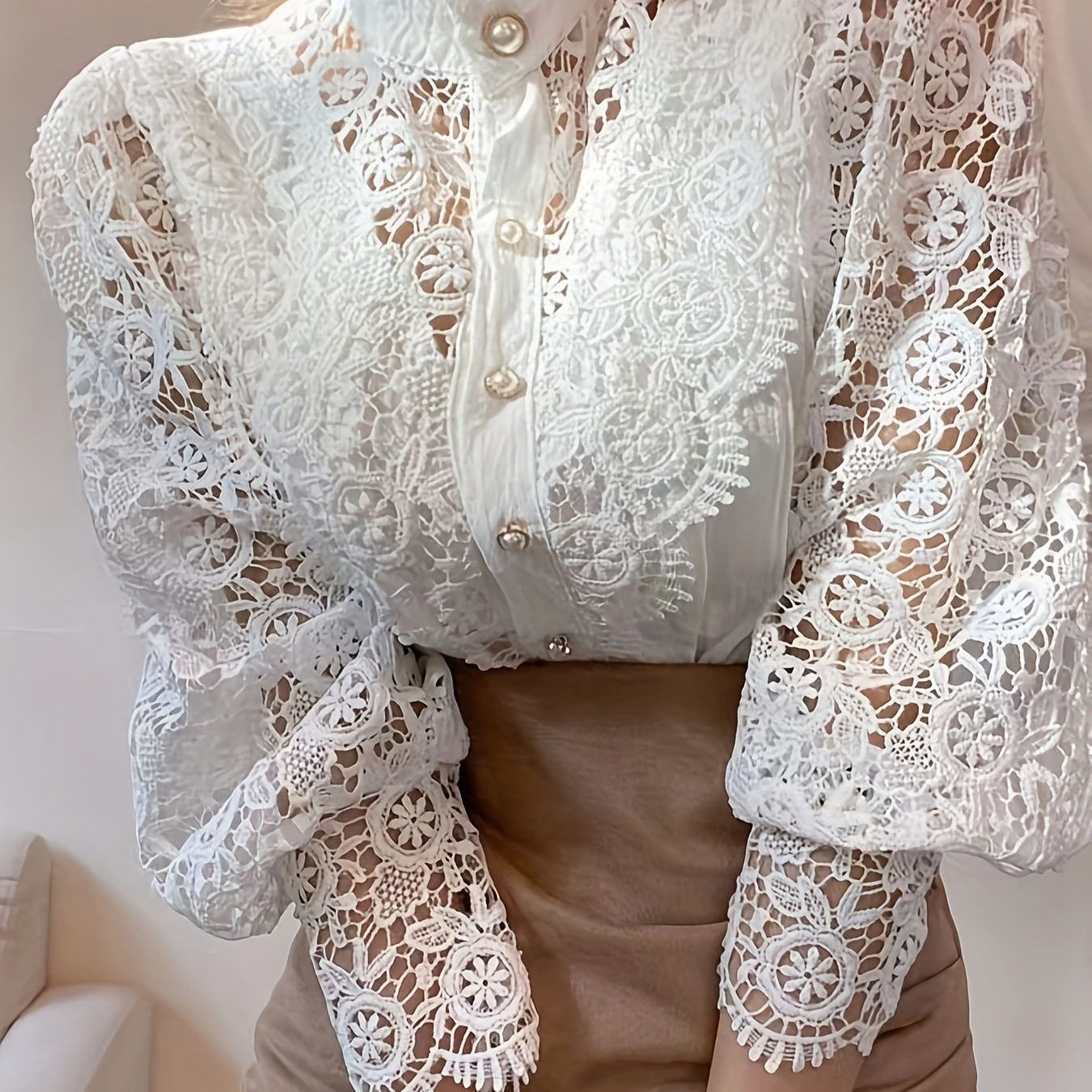 

Elegant Women' Lace Blouse With Floral Patterns - Semi-sheer, Long Sleeve, Ruffle Detail, Polyester, Machine Washable - Chic Top, Seasonal Blouse|middle Eastern Style| Lace Detailing