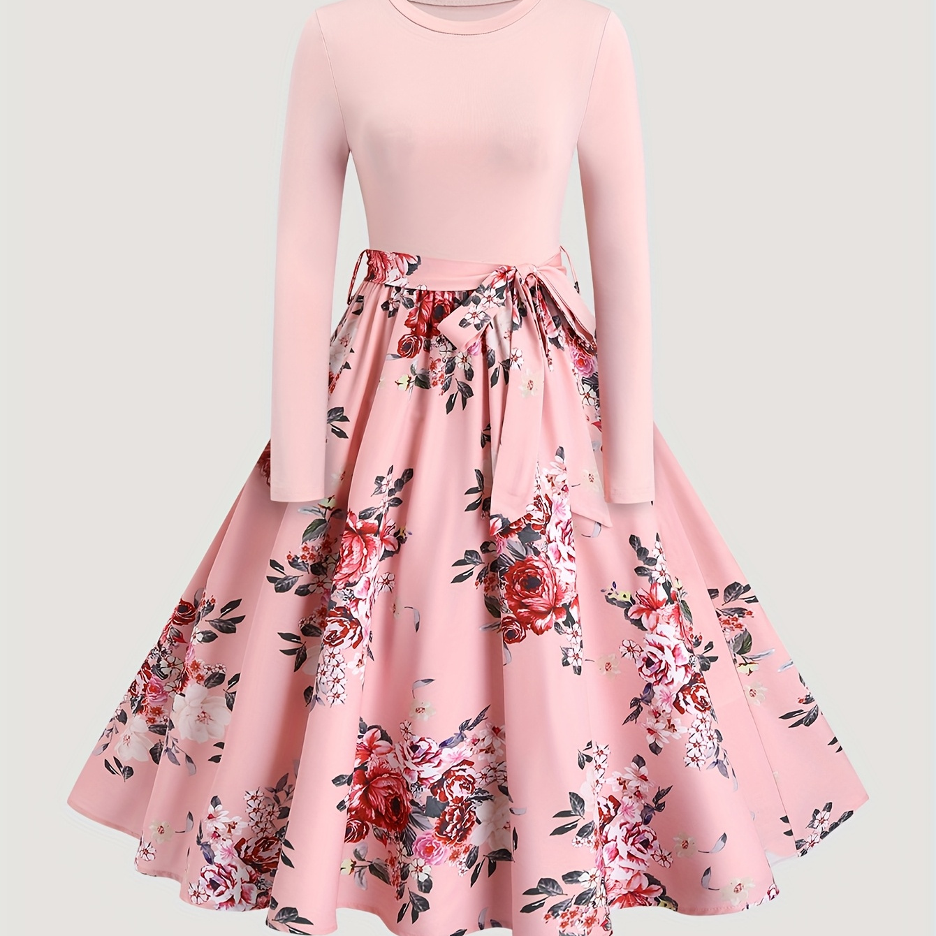 

Women's Pink Floral A-line Dress With Belt Detail - Casual Polyester, Long Sleeves, Round Neck, Machine Washable, Spring/summer, Spring Fashion Wear|belted Waist Dress|polyester Dress