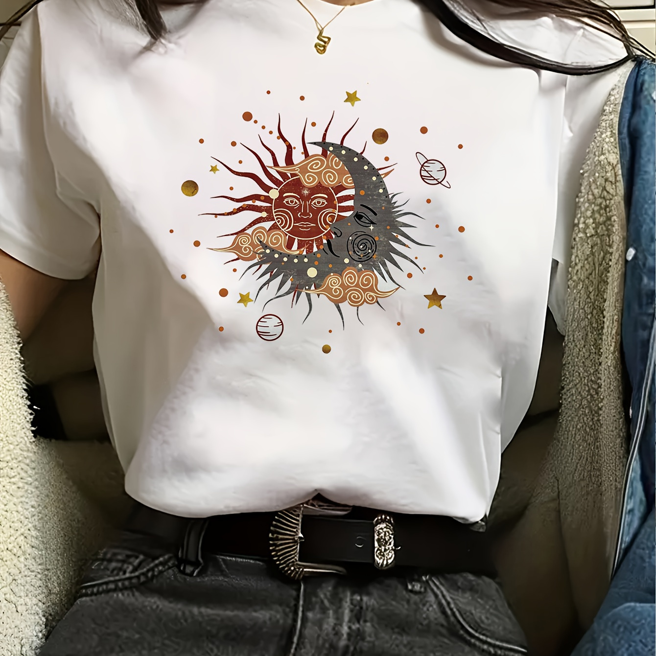 

Sun & Moon Print Crew Neck T-shirt, Casual Short Sleeve Top For Spring & Summer, Women's Clothing