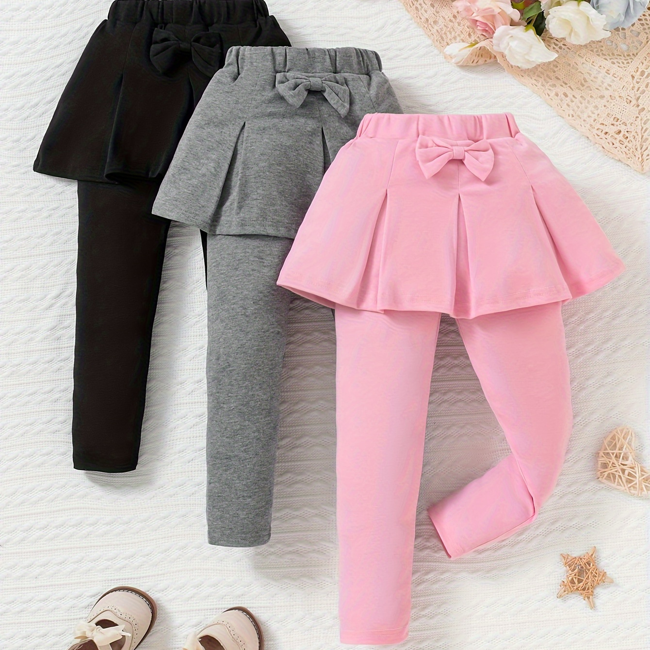 

3-piece Set Cute Girls Skirt Pants With Bow Detail, Spring/fall Polyester Knit Fabric, Casual Daily Wear, Solid Color, Regular Fit