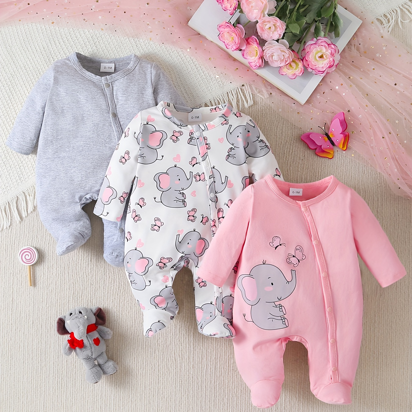 

3pcs Newborn Baby's Elephant Print Zipper Long Sleeve Footie, Toddler & Infant Girl's Comfy Footed Romper Set For Spring Fall