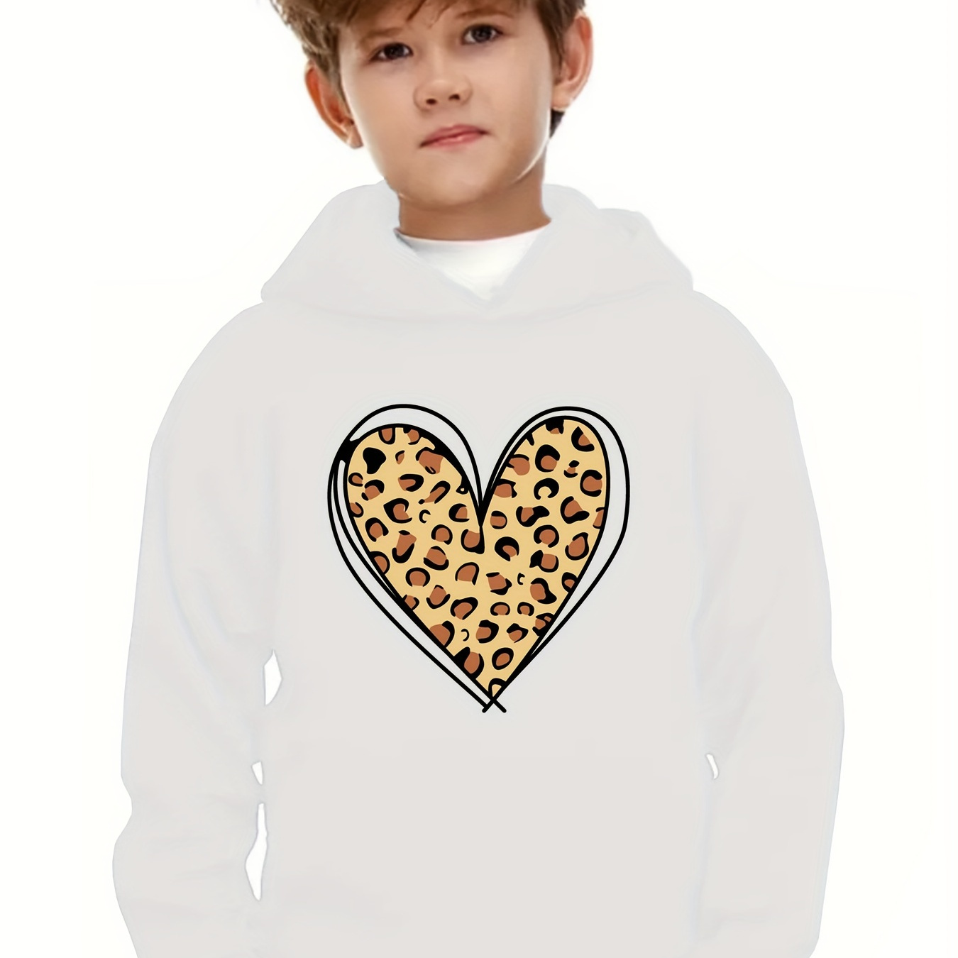 

Leopard Print Heart Pattern Hooded Sweatshirt Comfy Pullover For Girls Sports