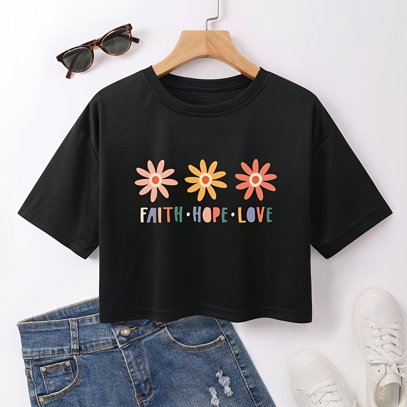 

Faith Hope Love Floral Top - Women's Casual Crew Neck Short Sleeve T-shirt, Breathable Polyester, Machine Washable