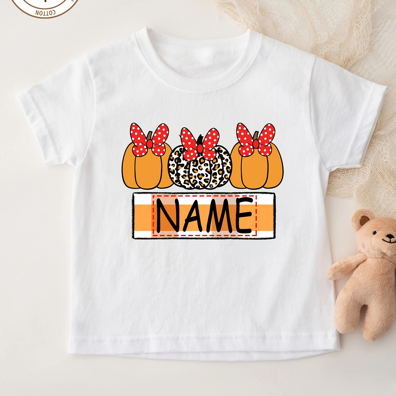 

Customizable Pumpkin Bow Pattern Cotton Crew Neck Kids' T-shirt With Elastane - Casual Knitted Top With Slight Stretch, Summer Season, Regular Fit For 12 And Under