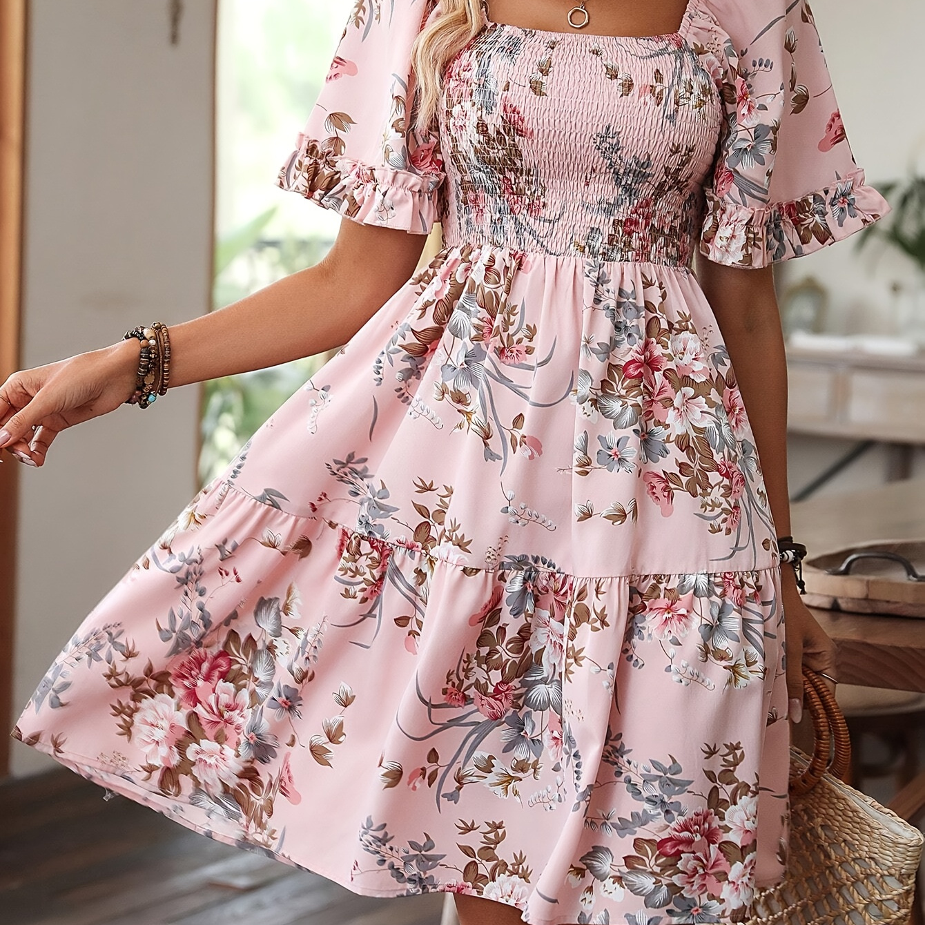 

Shirred Floral Print Ruffle Hem Dress, Elegant Square Neck Short Sleeve Dress For Spring & Summer, Women's Clothing