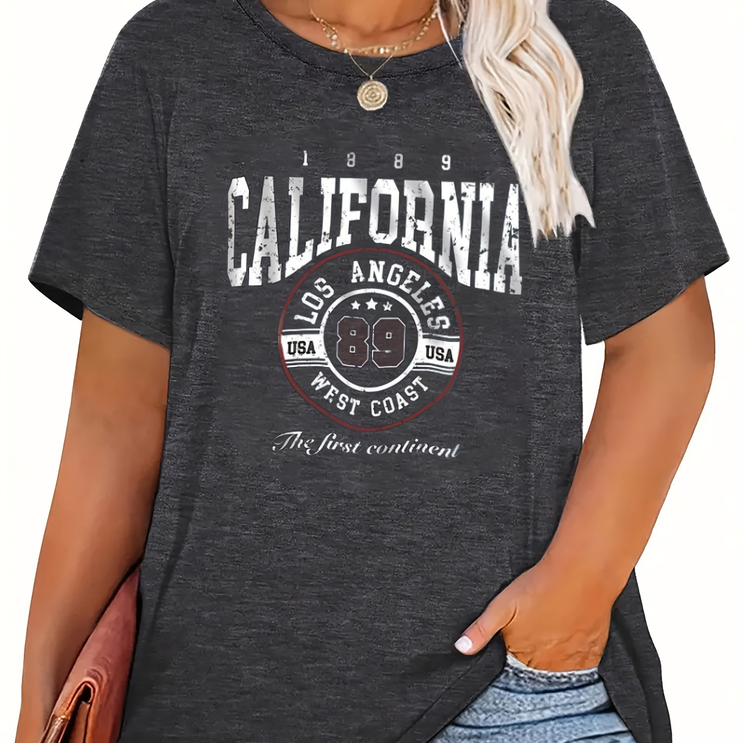 

Plus Size California Letter Print T-shirt, Casual Crew Neck Short Sleeve T-shirt, Women's Plus Size clothing