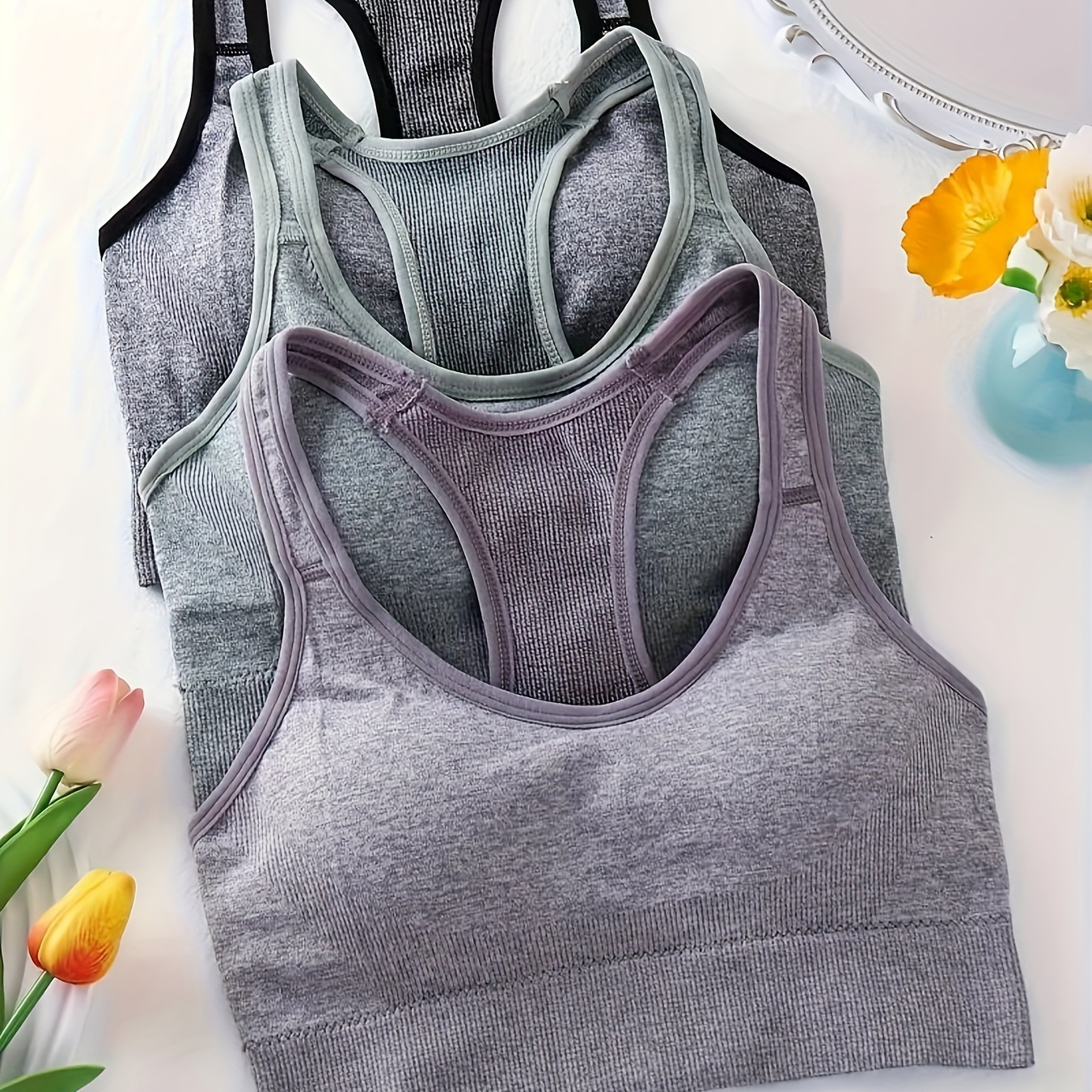 

3 Pieces Set Of Women's - High-quality, Breathable, And Supportive For Yoga, Running, And Exercise - With Removable Padded Cup And Mesh Back