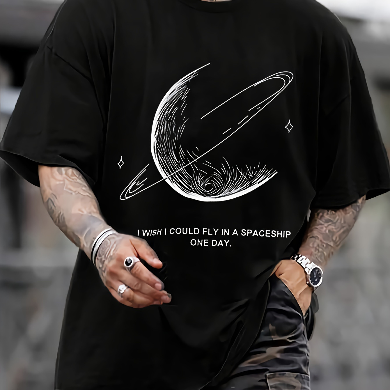 

Men's Planet Pattern And Letter Print "i Wish I Could Fly In A Spaceship 1 Day" Crew Neck And Short Sleeve T-shirt, Chic And Casual Tops For Summer Daily Wear