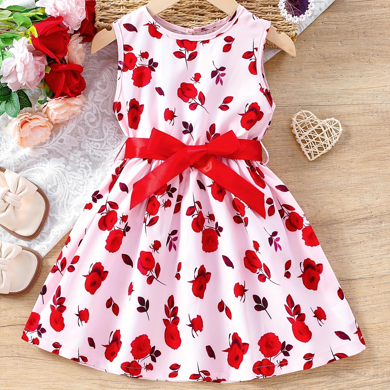 

Sweet Girls Rose Flower Graphic Sleeveless Dress Elegant Dresses Summer Clothes Valentine's Day Gift