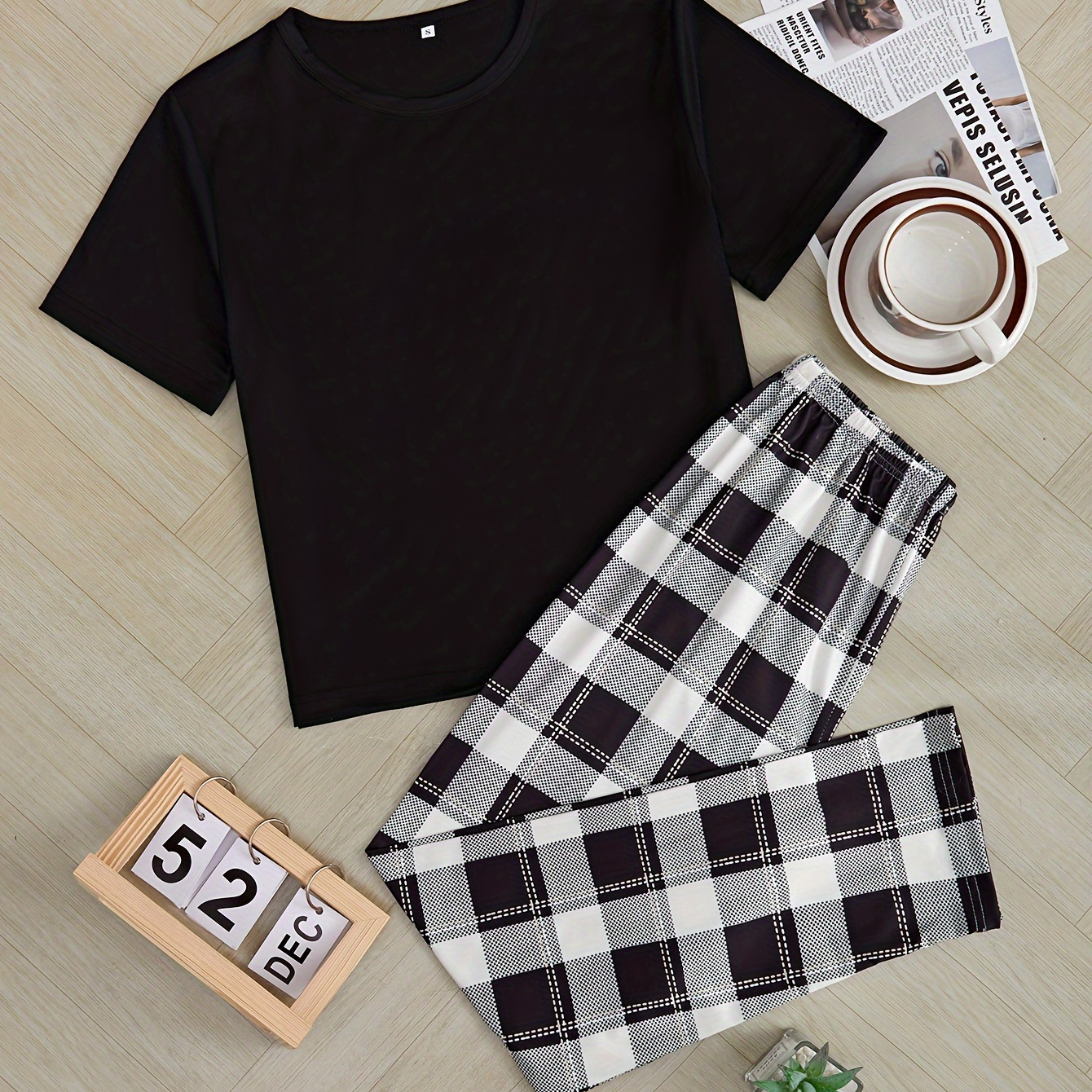 Casual Plaid Print Pajama Set, Short Sleeve Crew Neck Top &amp; Elastic Pants, Women's Sleepwear &amp; Loungewear