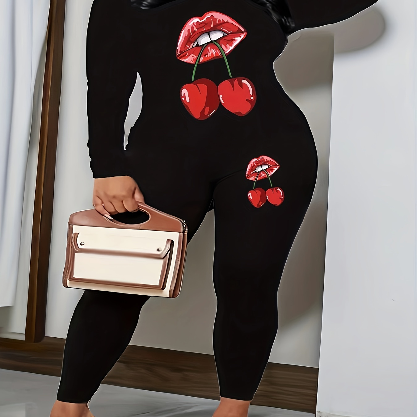 

Plus Size Casual Outfits Set, Women's Plus Red Lip & Cheery Print Long Sleeve V Neck Top & Leggings Outfits 2 Piece Set
