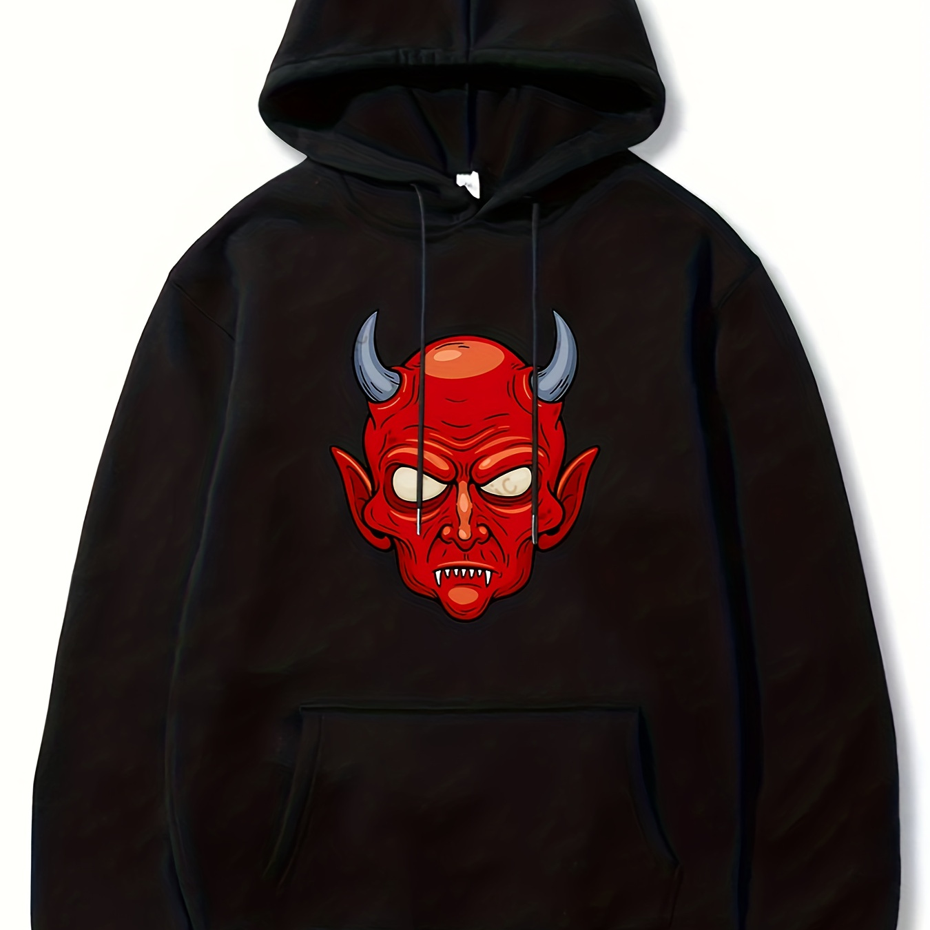 

Devil Pattern Hoodie With Kangaroo Pocket, Men's Casual Stretch Pullover Hooded Sweatshirt