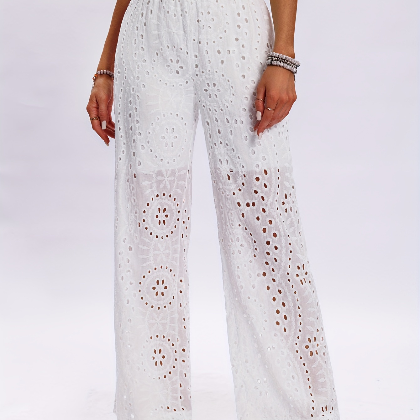 

Wide Leg Solid Eyelet Pants, Elegant Elastic High Waist Pants For Spring & Summer, Women's Clothing