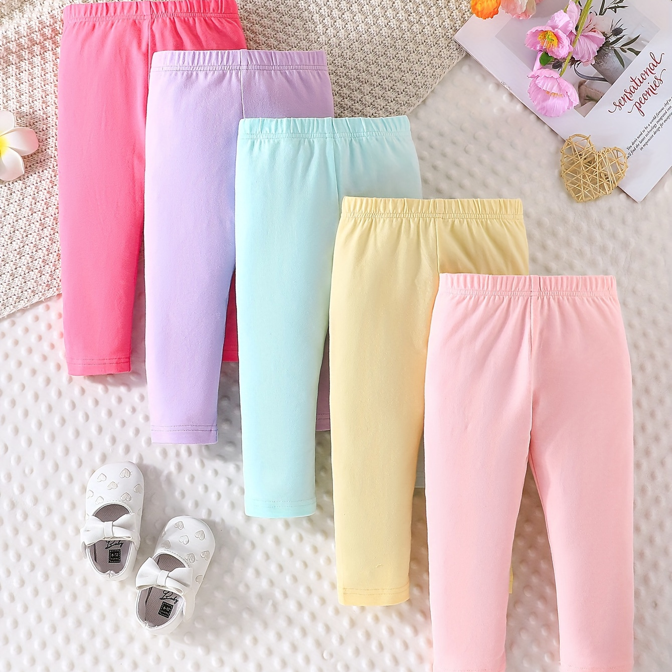 

5pcs Baby's Casual Cotton Pants, Multi-color Elastic Waist Trousers, Infant & Toddler Girl's Clothing