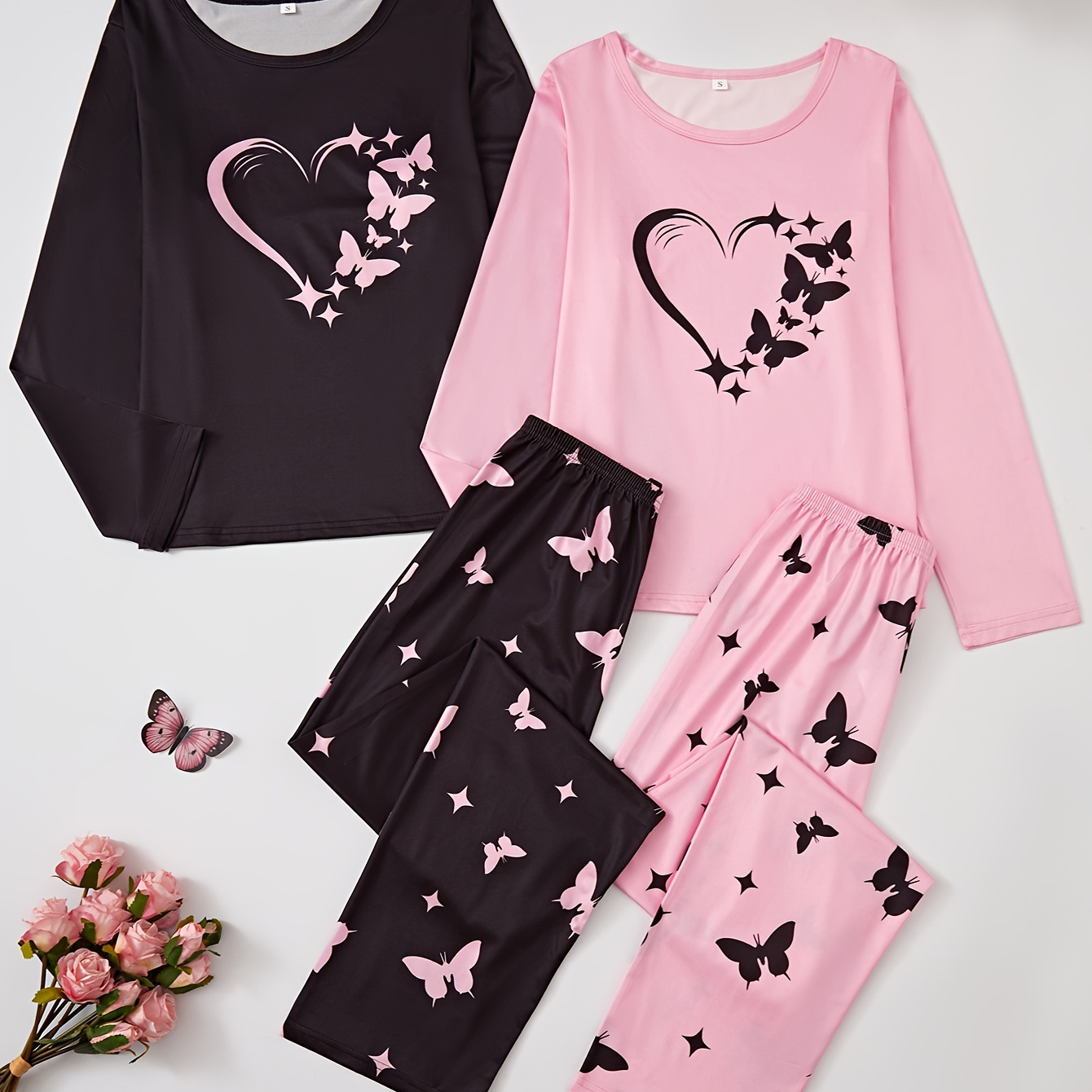 

2 Sets Heart & Butterfly Print Pajama Set, Casual Long Sleeve Round Neck Top & Elastic Pants, Women's Sleepwear