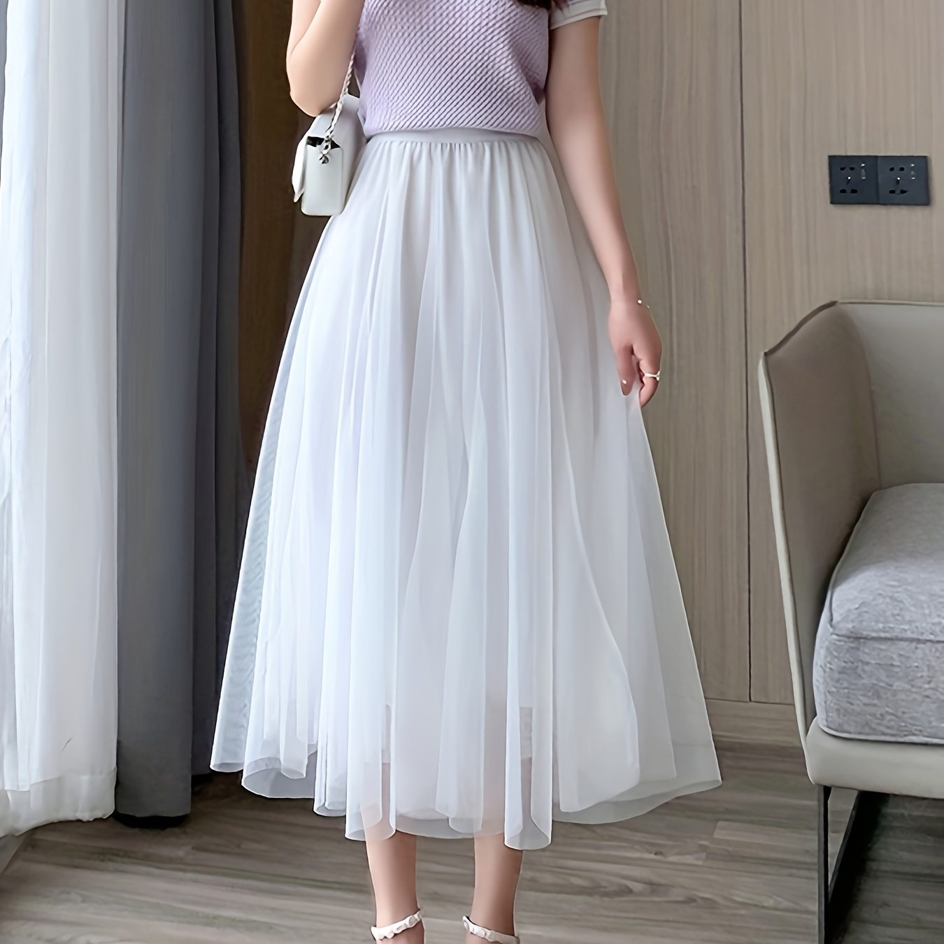 

Elastic High Waist Tulle Skirt, Elegant A-line Mesh Overlay Skirt For Spring & Summer, Women's Clothing