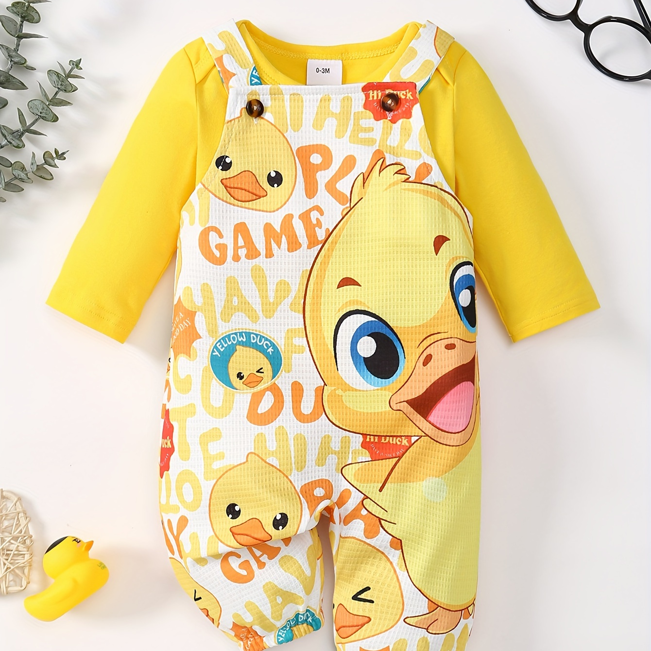 

2pcs Baby's Cartoon Pattern Overalls & Casual Solid Color Long Sleeve Bodysuit, Toddler & Infant Boy's Clothing Set For Fall