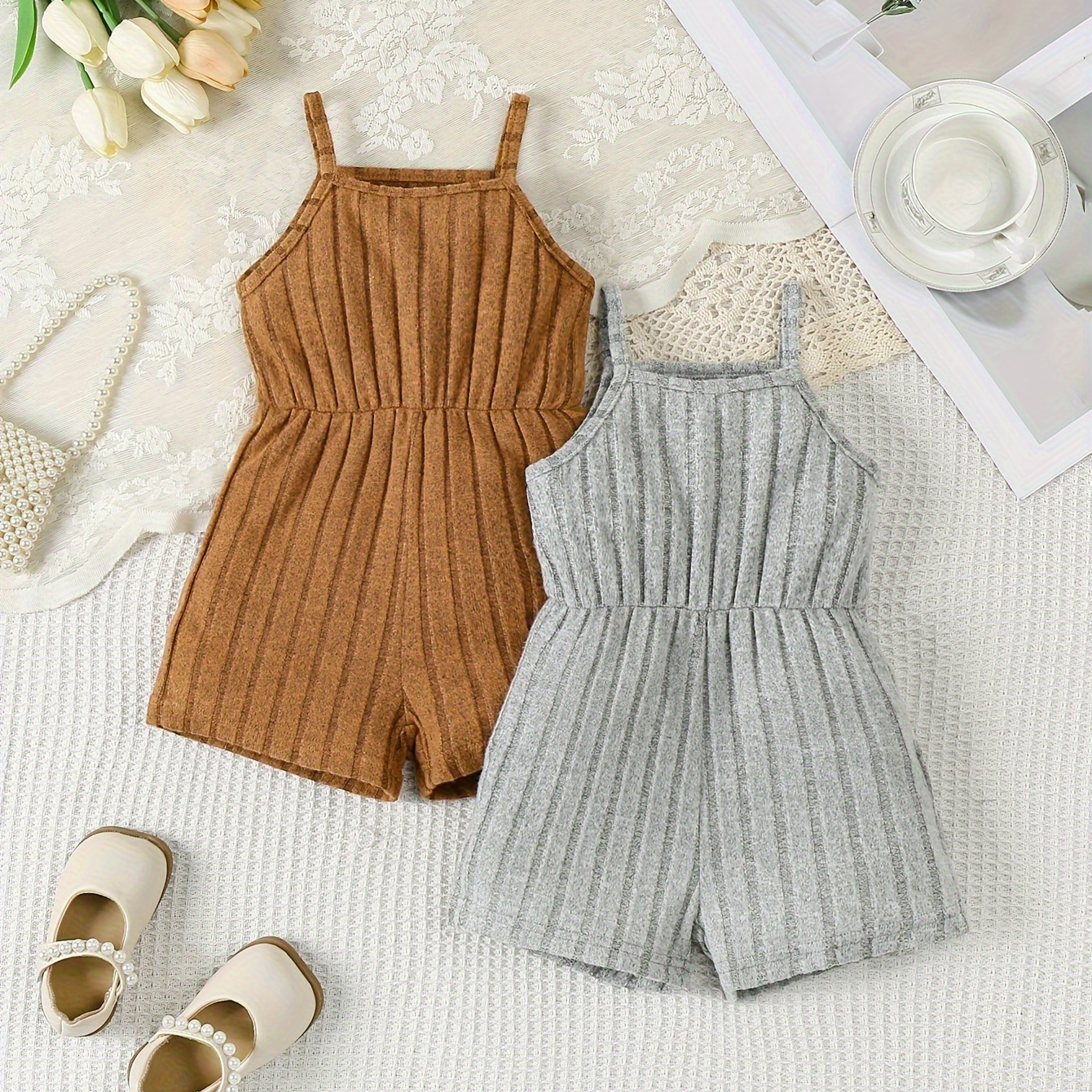 

2pcs Baby's Casual Solid Color Ribbed Bodysuit, Comfy Sleeveless Romper, Toddler & Infant Girl's Onesie For Summer, As Gift