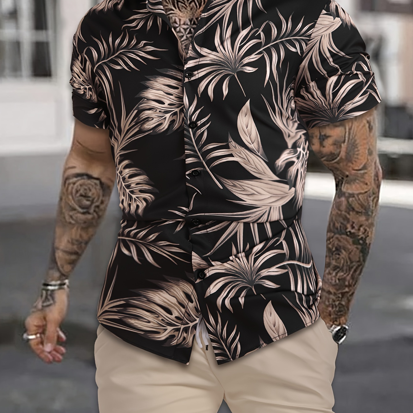 

Men's Casual 2pcs Set, Leaf Pattern Hawaiian Shirt + Active Shorts Matching Set For Summer
