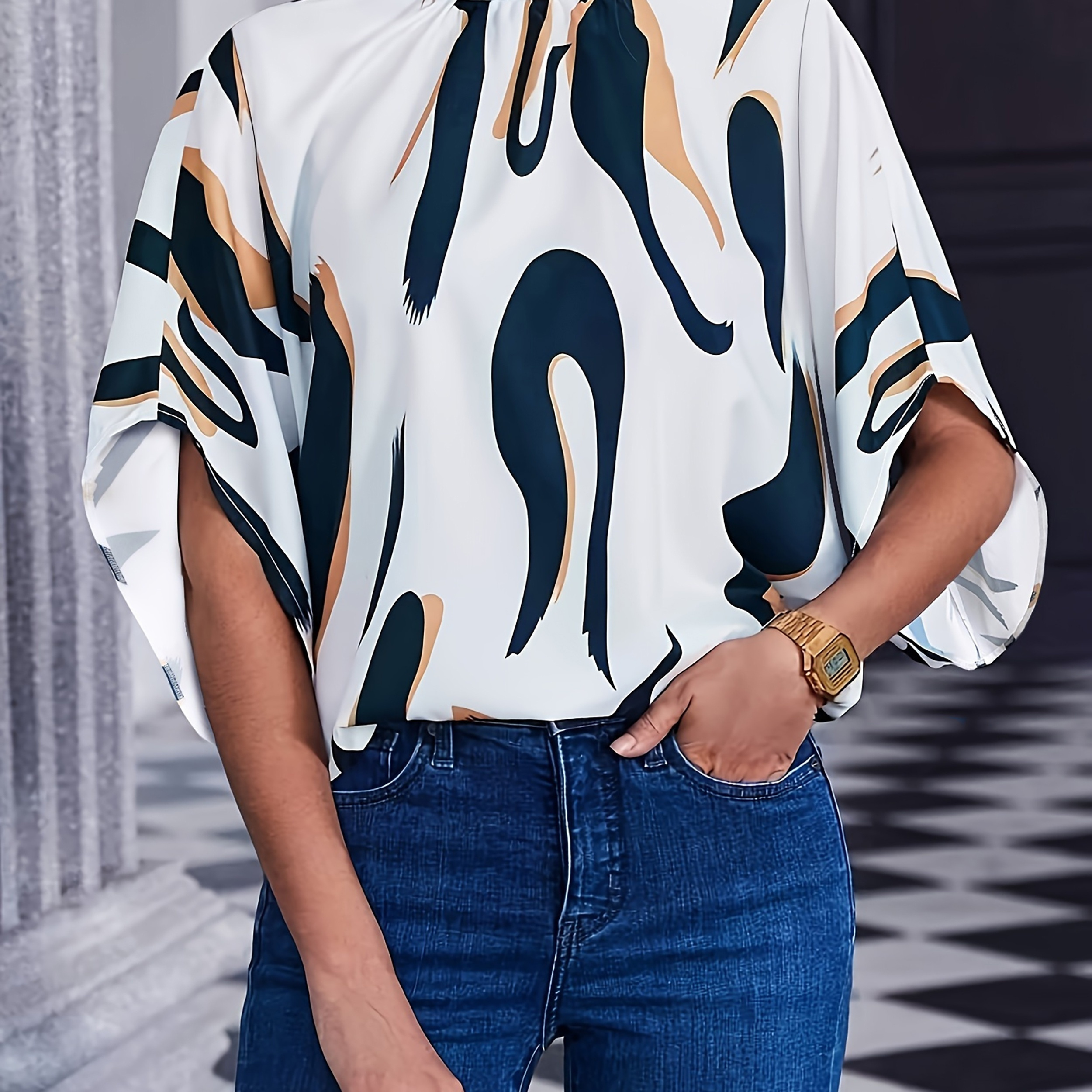 

Graphic Print Mock Neck Blouse, Versatile Half Sleeve Blouse For Spring & Fall, Women's Clothing