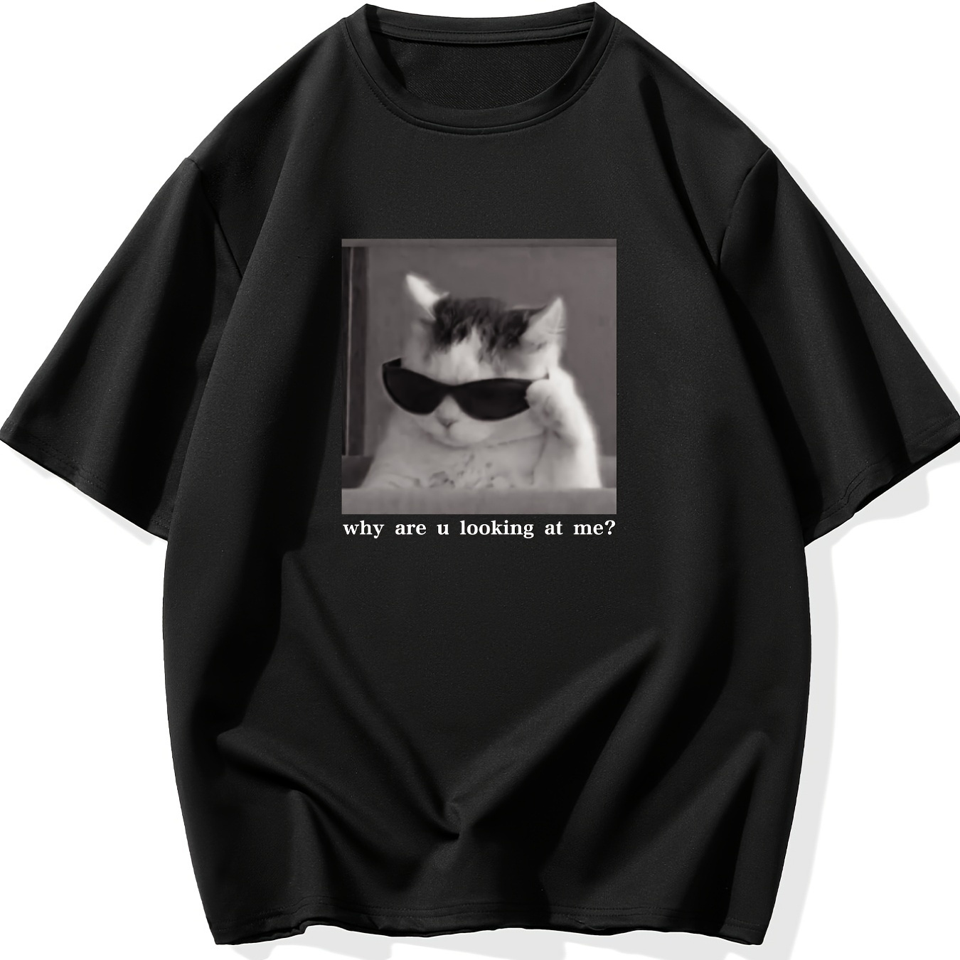 

Men's Plus Size 'why Are U Looking At Me' Funny Cat Print Stretch T-shirt, Oversized Short Sleeve Tops For Spring Summer, Causal Loose Clothing For Big And Tall Guys