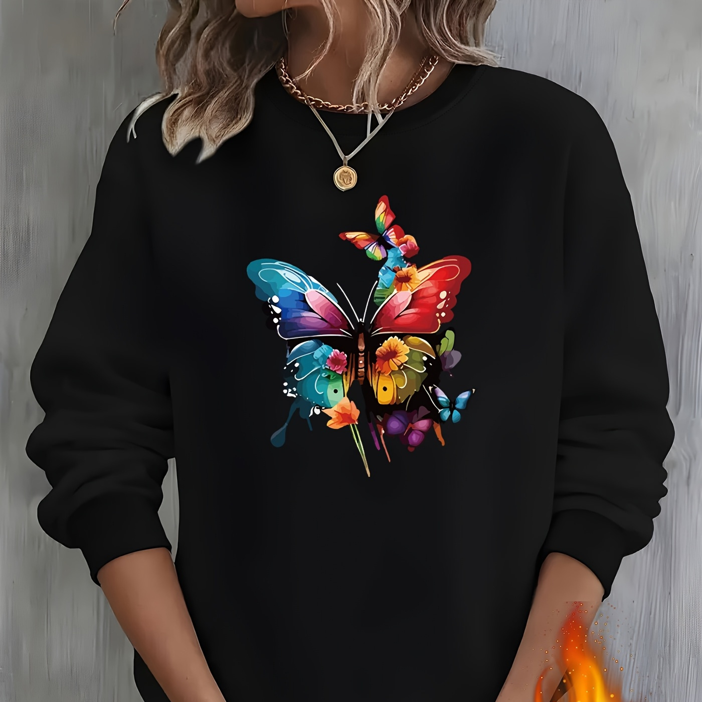 

Cozy Fleece-lined Print Sweatshirt For Women - Crew Neck, Long Sleeve, Machine Washable