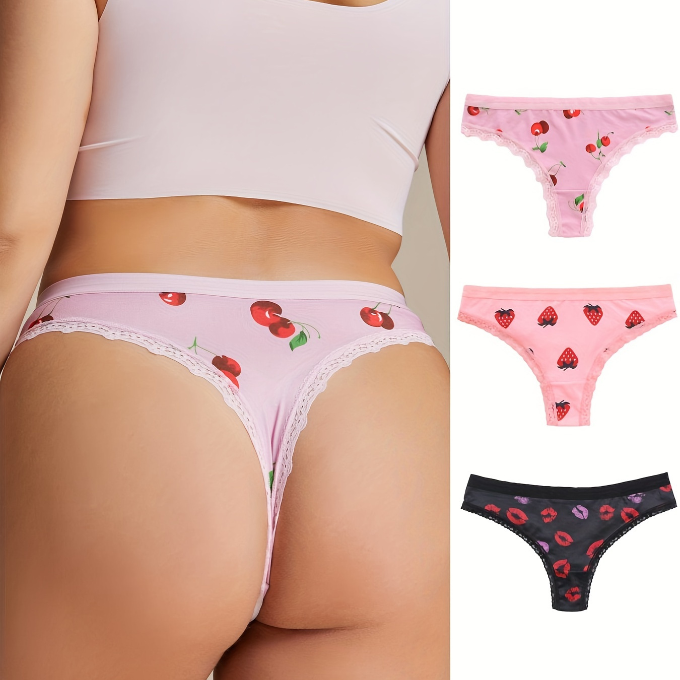 Plus Size Cute Underwear Set Women's Plus Lips Fruit Print - Temu
