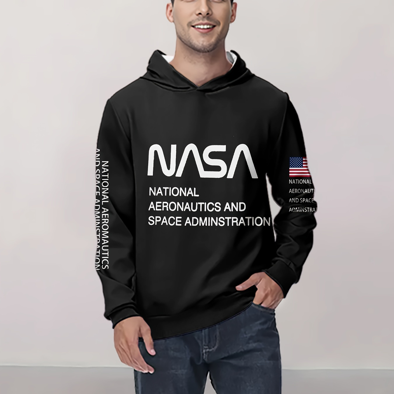 

Men's Casual Pullover Hoodie, Nasa 3d Printed Lettering, Polyester, Regular Fit, Long Sleeve, Spring/autumn, Crew Neck, Knit Fabric, Daily &