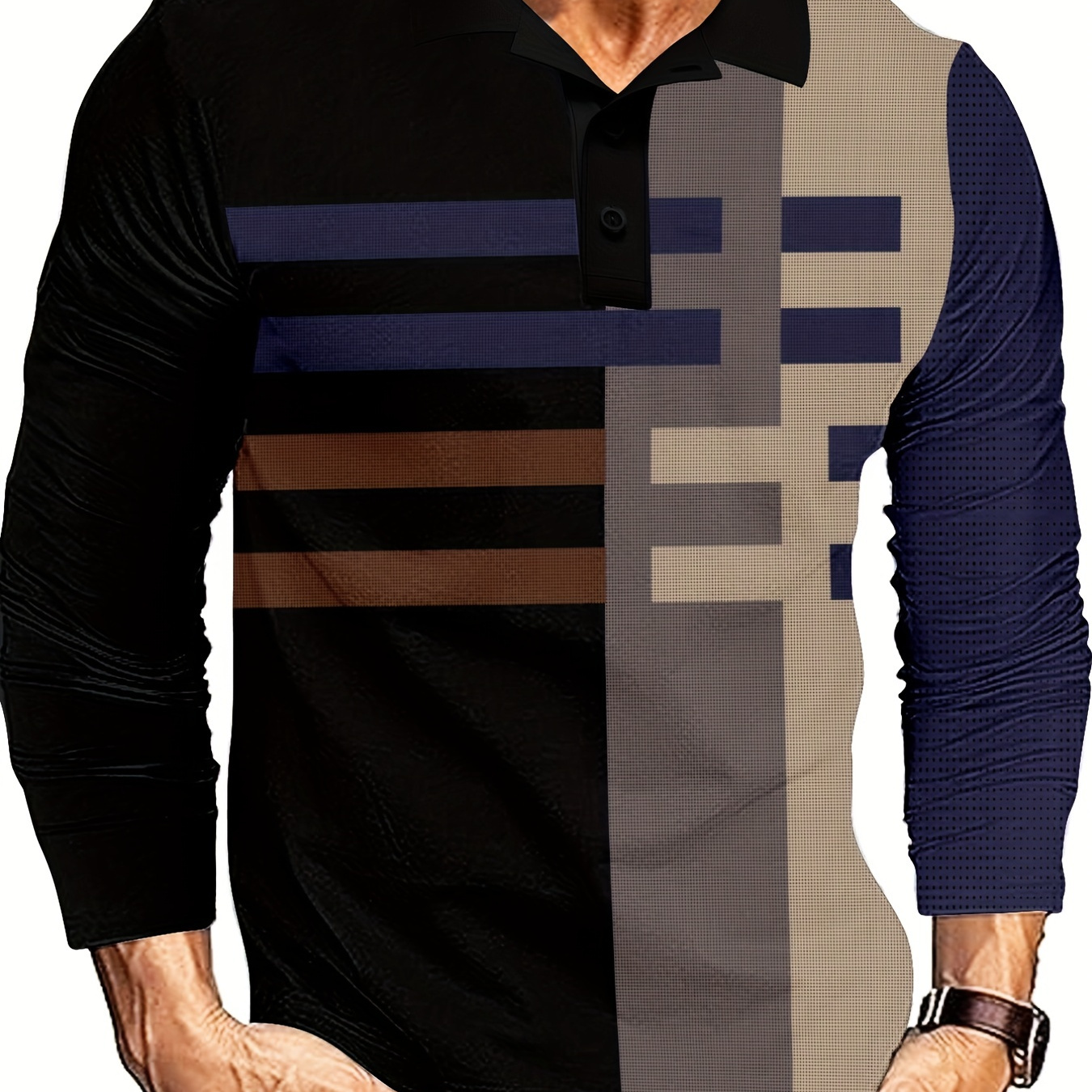 Geometric Pattern Men's Color Block Long Sleeve Shirt, Trendy Male Shirt For Spring Fall Outdoor