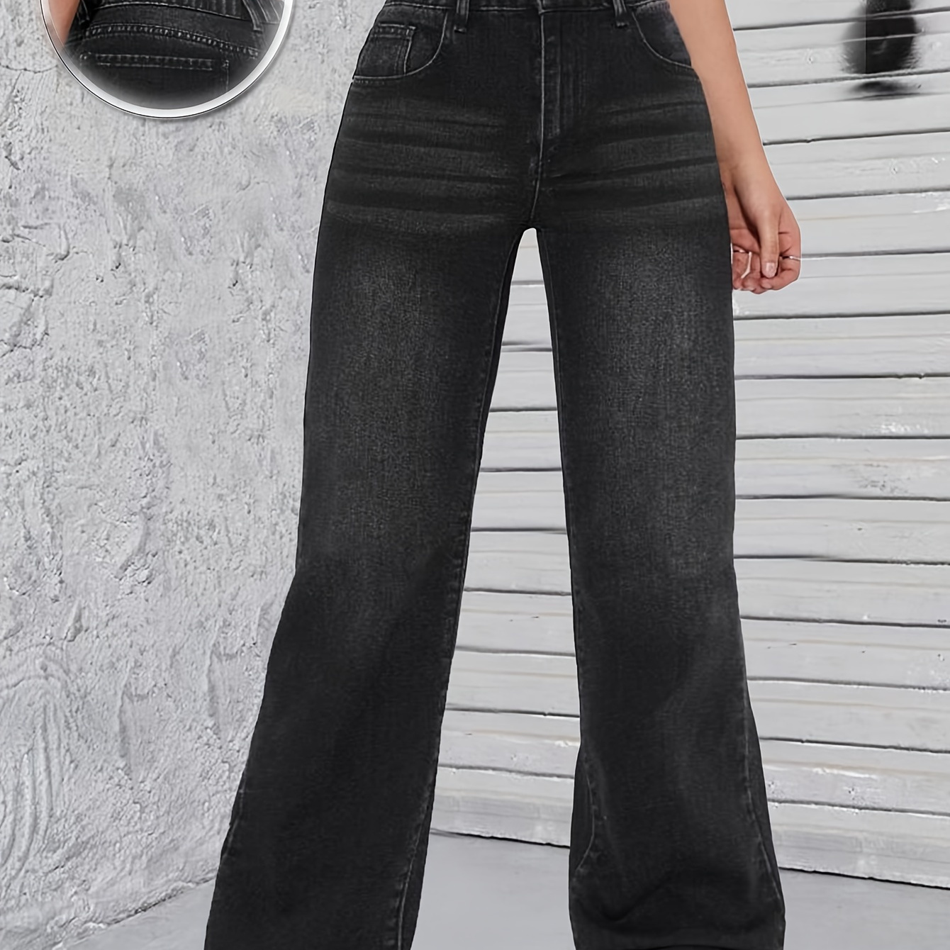 

Chic High-waist Black Wide-leg Jeans For Women - Stretchy, Loose Fit Denim Pants With Button Closure