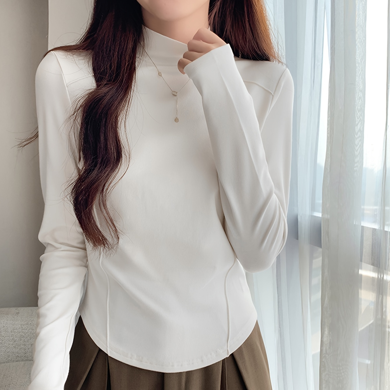 Solid Mock Neck T shirt Casual Long Sleeve Top Fall Winter - Temu