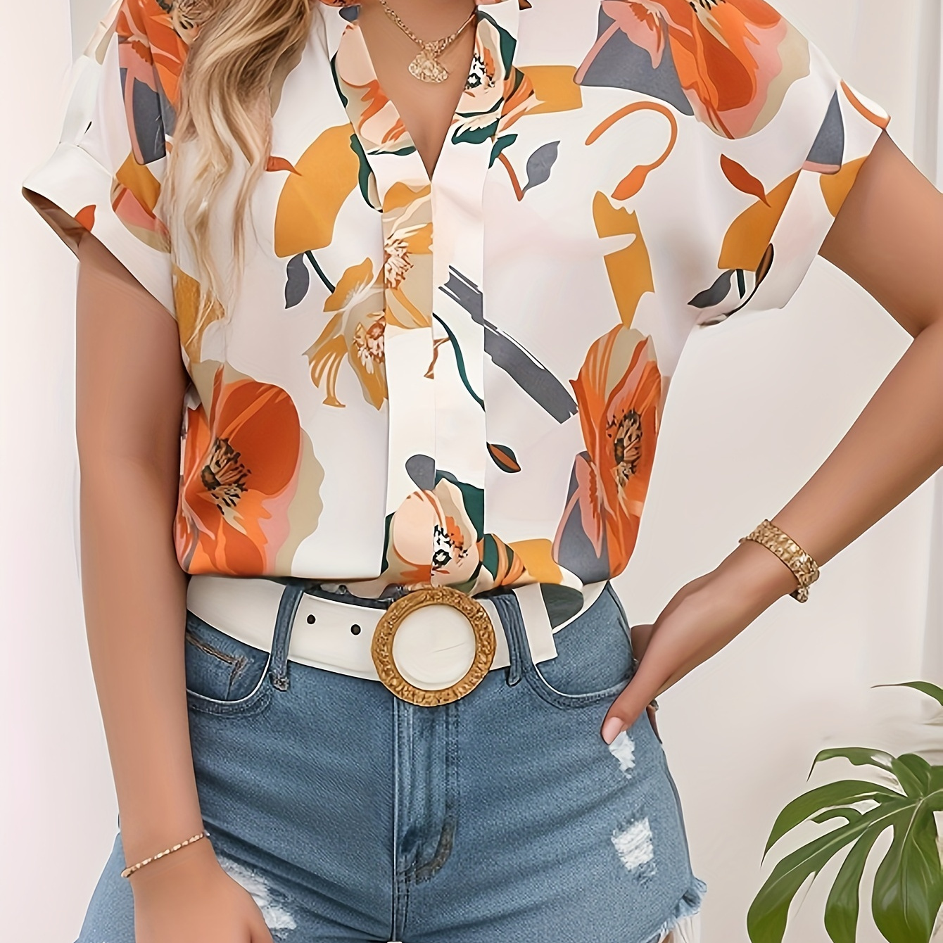 

Floral Print V Neck Blouse, Elegant Short Sleeve Top For Spring & Summer, Women's Clothing