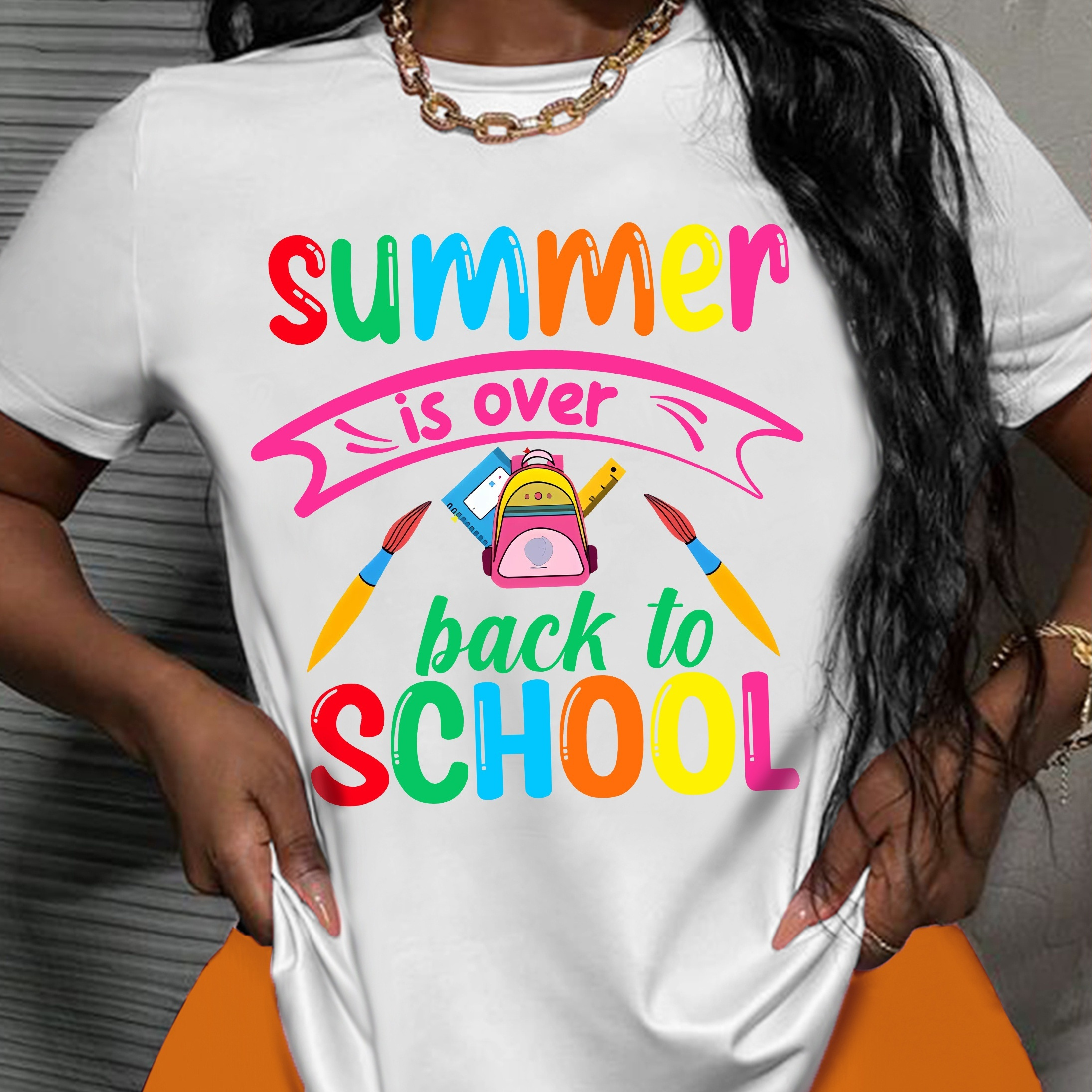 

Back School Print Crew Neck T-shirt, Casual Short Sleeve T-shirt For Spring & Summer, Women's Clothing