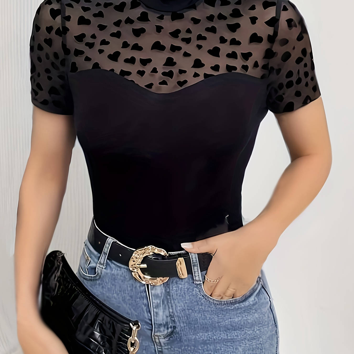

Heart Print Mesh Splicing T-shirt, Elegant Mock Neck T-shirt For Spring & Summer, Women's Clothing