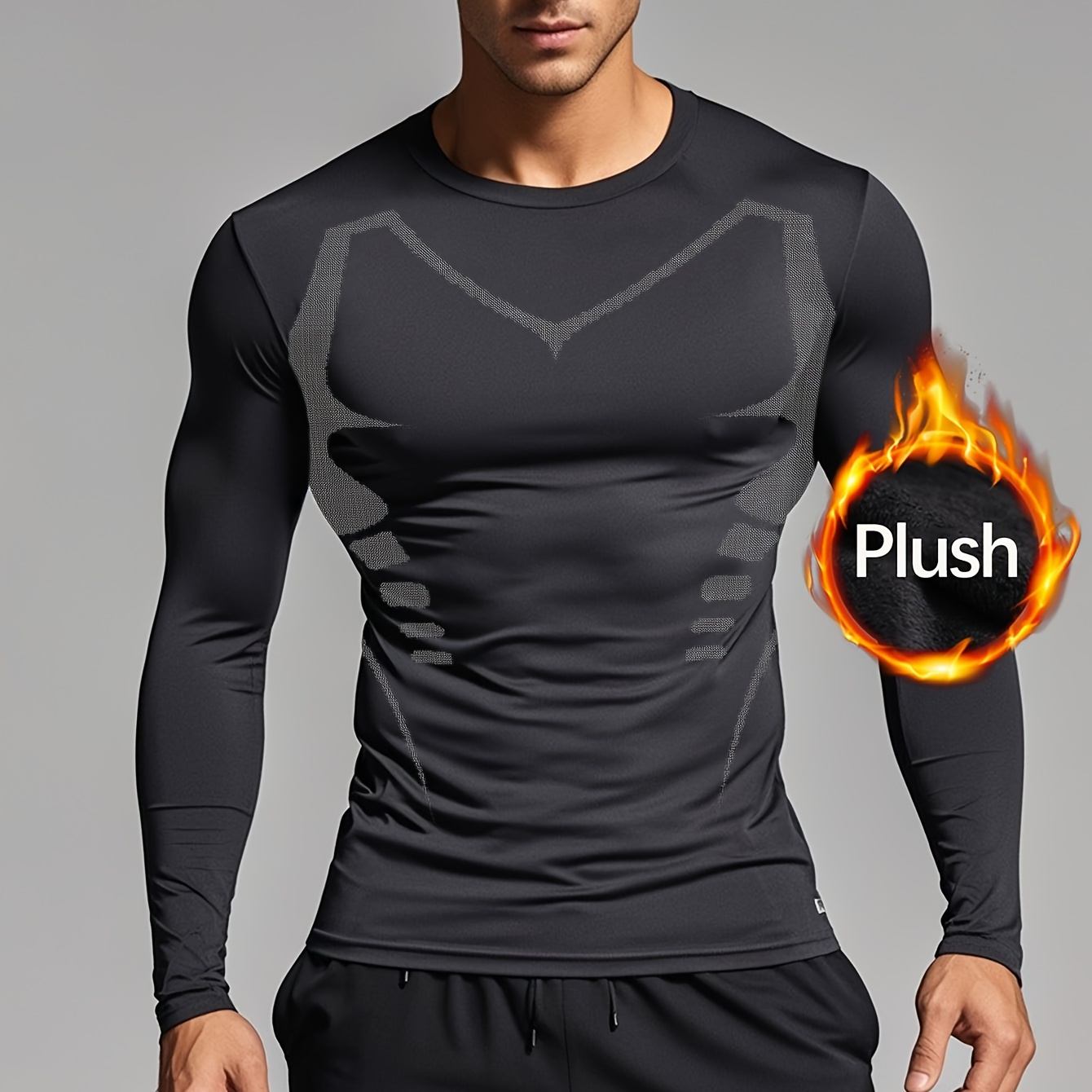 

Men's Athletic Muscle Fit Fleece Lined T-shirt, Men's Thermal T-shirt, Breathable Comfy Top For Running, Shaping, And Cycling