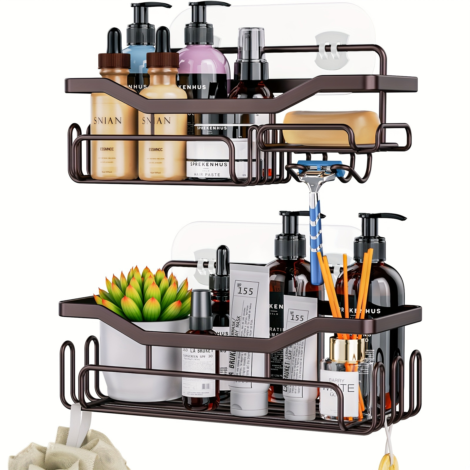 2pcs Bronze Bathroom Shower Rack With 11 Hooks For Sponge And