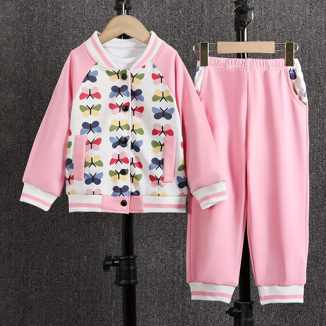 

Girls Sweet 2 Pcs Butterfly Print Varsity Jacket + Jogger Pants Girls Spring Fall Clothes, Sports Set 2pcs