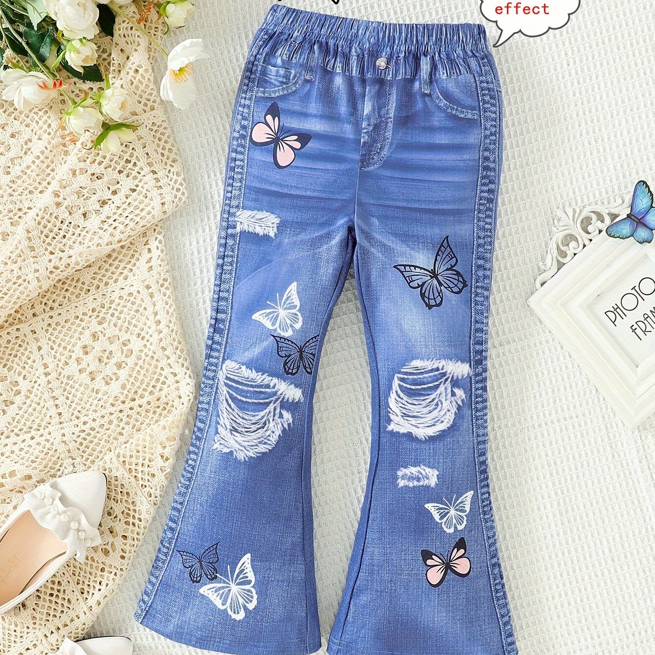 

Girls Cute Butterflies Print Flare Leg Pants Fake Pocket Imitation Denim Digital Print Elastic Pants For 7-14y (not Jeans)