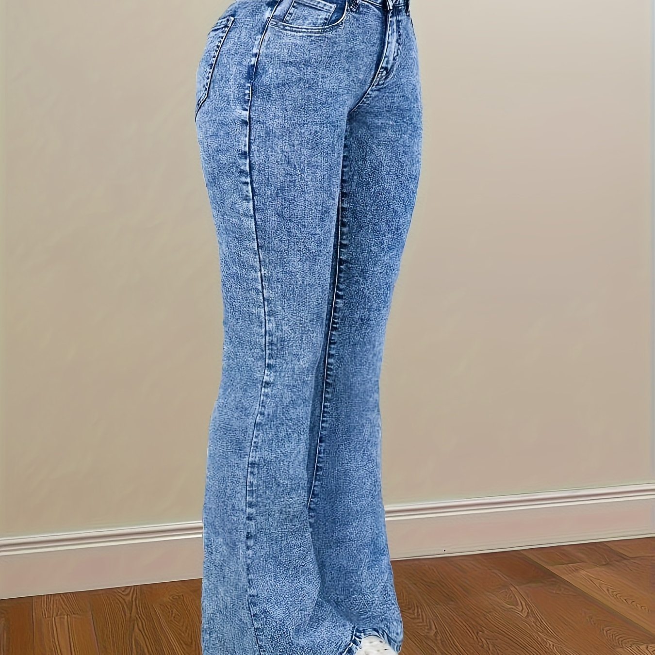 

Women's Elegant Blue Stretch Flare Jeans - High-elasticity Denim With Spandex And Polyester , Non-transparent, Button Detail, Long Length, Wear, Casual Denim Wear|retro Flare Jeans|woven Texture